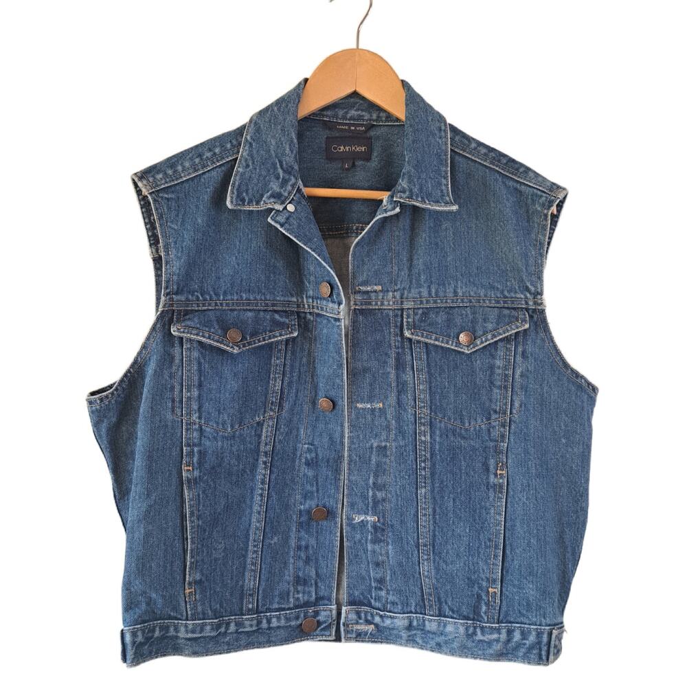 Vintage 90s Calvin Klein Denim Vest Made in USA Blue Jean Trucker Large L